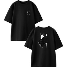 Nmg Tekstil Siyah Oversize Pamuk Beyaz Domuz Kadın Ön Arka Baskılı Örme T-Shirt