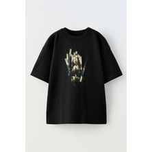 Nmg Tekstil Siyah Oversize Pamuk Monalisa Kırık Cam Baskılı Örme T-Shirt