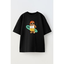 Nmg Tekstil Siyah Oversize Pamuk Surf Köpek Baskılı Örme T-Shirt