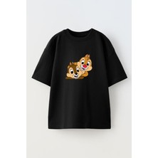 Nmg Tekstil Siyah Oversize Pamuk Yavru Sincap Çizgi Baskılı Örme T-Shirt