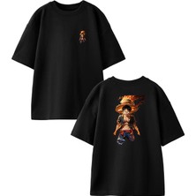 Nmg Tekstil Siyah Oversize Pamuk Alev Kasırga Genç Çizgi Ön Arka Baskılı Örme T-Shirt