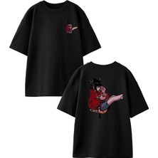 Nmg Tekstil Siyah Oversize Pamuk Anime Kadın Ayak Ön Arka Baskılı Örme T-Shirt