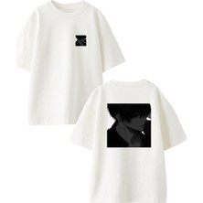 Nmg Tekstil Beyaz Oversize Pamuk Siyah Gömlek Anime Ön Arka Baskılı Örme T-Shirt