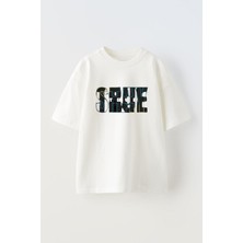 Nmg Tekstil Beyaz Oversize Pamuk True Yazı Baskılı Örme T-Shirt