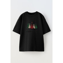 Nmg Tekstil Siyah Oversize Pamuk Christmas Çam Baskılı Örme T-Shirt