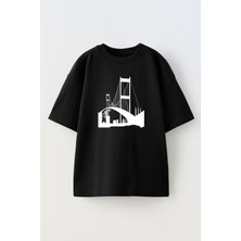 Nmg Tekstil Siyah Oversize Pamuk Istanbul Boğaz Köprüsü Baskılı Örme T-Shirt