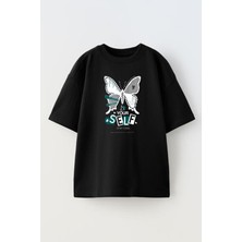 Nmg Tekstil Siyah Oversize Pamuk Kelebek Yourself Baskılı Örme T-Shirt
