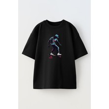 Nmg Tekstil Siyah Oversize Pamuk Şapkalı Kaykay Baskılı Örme T-Shirt