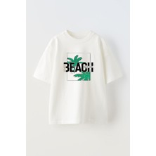 Nmg Tekstil Beyaz Oversize Pamuk Beach Palmiye Baskılı Örme T-Shirt