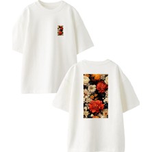 Nmg Tekstil Beyaz Oversize Pamuk Çiçekler Laleler Ön Arka Baskılı Örme T-Shirt