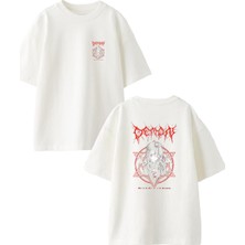 Unisex Beyaz Oversize Pamuk Demon Poster Anime Ön Arka Baskılı Örme T-Shirt
