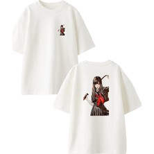 Nmg Tekstil Beyaz Oversize Pamuk Liseli Kıyafetli Kız Ön Arka Baskılı Örme T-Shirt