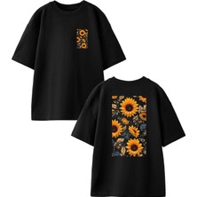 Nmg Tekstil Siyah Oversize Pamuk Ayçiçeği Desen Ön Arka Baskılı Örme T-Shirt