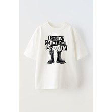 Nmg Tekstil Beyaz Oversize Pamuk Asker Çizme Baskılı Örme T-Shirt