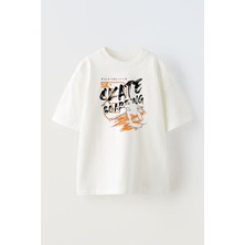 Nmg Tekstil Beyaz Oversize Pamuk Skate Boar Baskılı Örme T-Shirt