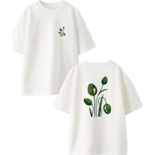 Nmg Tekstil Beyaz Oversize Pamuk El Koparan Bitki Ön Arka Baskılı Örme T-Shirt