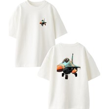Nmg Tekstil Beyaz Oversize Pamuk F16 Ön Arka Baskılı Örme T-Shirt