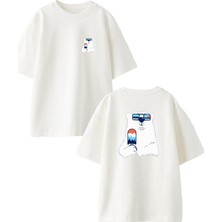 Nmg Tekstil Beyaz Oversize Pamuk Kutup Ayısı Kayak Ön Arka Baskılı Örme T-Shirt
