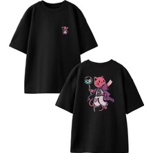 Nmg Tekstil Siyah Oversize Pamuk Pisicik Elinde Balık Ön Arka Baskılı Örme T-Shirt