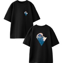 Nmg Tekstil Siyah Oversize Pamuk Surf Dalga Ön Arka Baskılı Örme T-Shirt