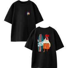 Nmg Tekstil Siyah Oversize Pamuk Aloha Horoz Tatil Ön Arka Baskılı Örme T-Shirt