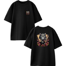 Nmg Tekstil Siyah Oversize Pamuk Gitarlı Ufak Kedi Ön Arka Baskılı Örme T-Shirt