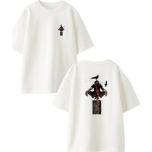 Nmg Tekstil Beyaz Oversize Pamuk Korkuluk Karga Ön Arka Baskılı Örme T-Shirt