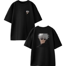 Nmg Tekstil Siyah Oversize Pamuk Beyaz Saçlı Anime Ön Arka Baskılı Örme T-Shirt