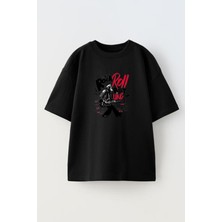 Nmg Tekstil Siyah Oversize Pamuk Rock Roll Maymun Baskılı Örme T-Shirt