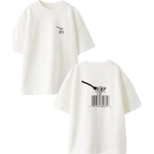 Nmg Tekstil Beyaz Oversize Pamuk Spagetti Barkod Ön Arka Baskılı Örme T-Shirt