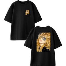 Nmg Tekstil Siyah Oversize Pamuk Manken Kız Ön Arka Baskılı Örme T-Shirt