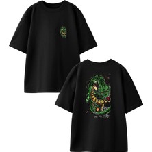 Nmg Tekstil Siyah Oversize Pamuk Dragon Yeşil Ön Arka Baskılı Örme T-Shirt