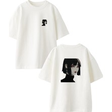 Nmg Tekstil Beyaz Oversize Pamuk Alnı Dövmeli Anime Kız Ön Arka Baskılı Örme T-Shirt