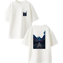 Nmg Tekstil Beyaz Oversize Pamuk Dağ Yolu Manzara Ön Arka Baskılı Örme T-Shirt