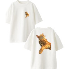 Nmg Tekstil Beyaz Oversize Pamuk Mayışık Kedi Ön Arka Baskılı Örme T-Shirt