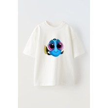 Nmg Tekstil Beyaz Oversize Pamuk Mavi Balık Çizim Baskılı Örme T-Shirt