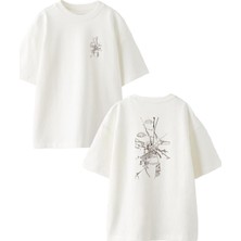 Nmg Tekstil Beyaz Oversize Pamuk Kırık Cam Göz Ön Arka Baskılı Örme T-Shirt