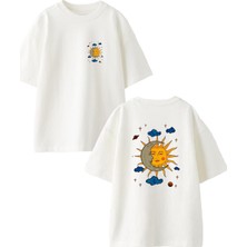 Nmg Tekstil Beyaz Oversize Pamuk Güneş Bulut Desen Ön Arka Baskılı Örme T-Shirt