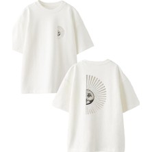 Nmg Tekstil Beyaz Oversize Pamuk Yarım Güneş Ön Arka Baskılı Örme T-Shirt