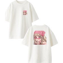 Nmg Tekstil Beyaz Oversize Pamuk Pembe Bandanalı Çizgi Kız Ön Arka Baskılı Örme T-Shirt