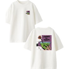 Nmg Tekstil Beyaz Oversize Pamuk Strange Unusual Ön Arka Baskılı Örme T-Shirt