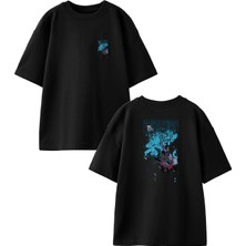 Nmg Tekstil Siyah Oversize Pamuk Düşen Adam Çizim Ön Arka Baskılı Örme T-Shirt