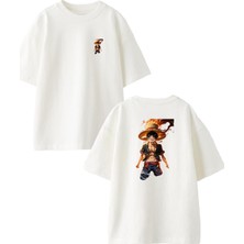 Nmg Tekstil Beyaz Oversize Pamuk Alev Kasırga Genç Çizgi Ön Arka Baskılı Örme T-Shirt