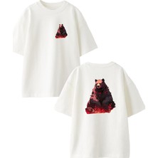 Nmg Tekstil Beyaz Oversize Pamuk Kamp Ayı Ön Arka Baskılı Örme T-Shirt