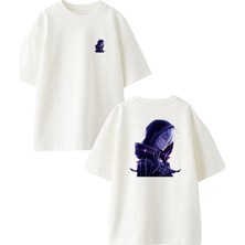 Nmg Tekstil Beyaz Oversize Pamuk Kapşunlu Japon Anime Ön Arka Baskılı Örme T-Shirt