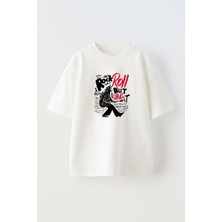 Nmg Tekstil Beyaz Oversize Pamuk Rock Roll Maymun Baskılı Örme T-Shirt