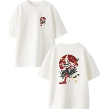 Nmg Tekstil Beyaz Oversize Pamuk Japon Poster Kuşlar Ön Arka Baskılı Örme T-Shirt