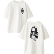 Nmg Tekstil Beyaz Oversize Pamuk Şirin Ip Atlayan Kız Ön Arka Baskılı Örme T-Shirt
