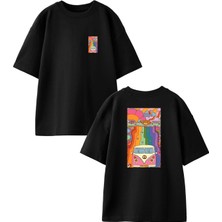 Nmg Tekstil Siyah Oversize Pamuk Gökkuşağı Vosvos Ön Arka Baskılı Örme T-Shirt