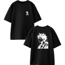 Nmg Tekstil Siyah Oversize Pamuk Erkek Anime Japon Ön Arka Baskılı Örme T-Shirt